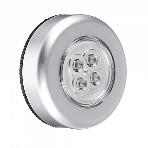 Светильник - ночник нажимной, св/д. 4LED (3xААА) на липучке,  серебр/пласт+металл КРУГ d-6,5см